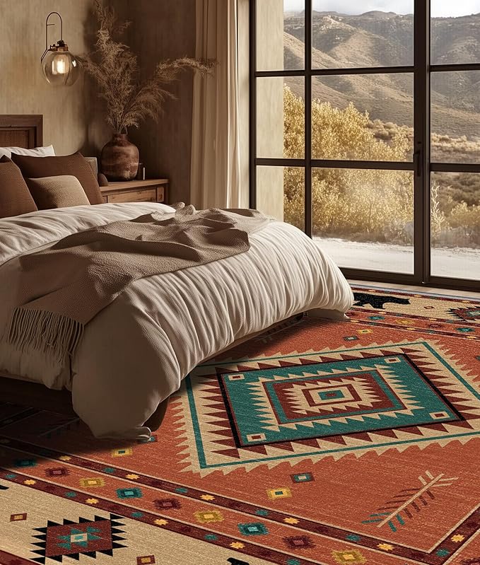Cabin Rug 5x7 - Bear Southwestern Aztec Area Rugs for Living Room Bedroom, Rustic Boho Machine Washable | Non-Slip | Soft Large Carpets, Native American Home Decor (Orange Tan Black)