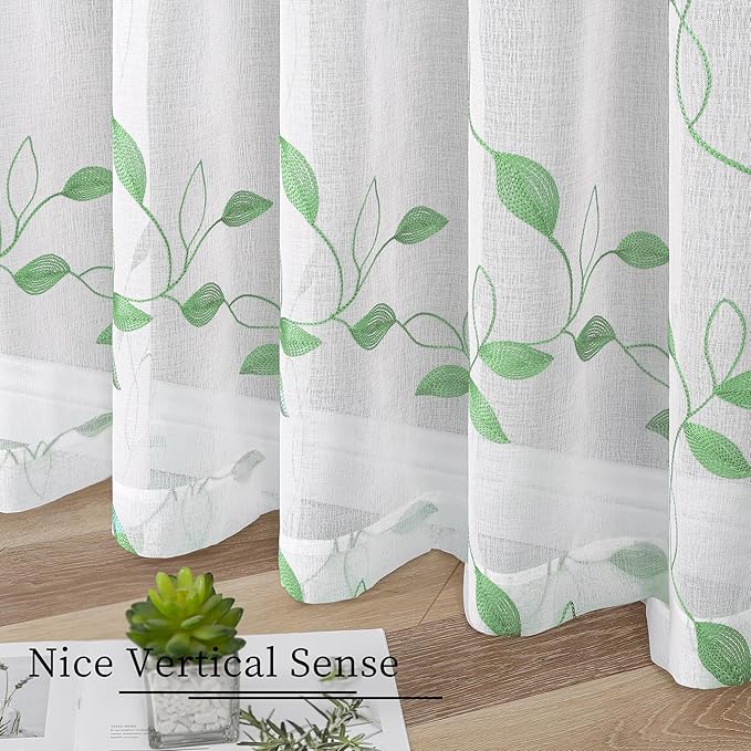 Tollpiz Green Leaf Sheer Curtain Leaves Embroidered Living Room Short Curtains Rod Pocket Voile Window Treatment for Bedroom, 54 x 54 inches Long, Set of 2 Panels