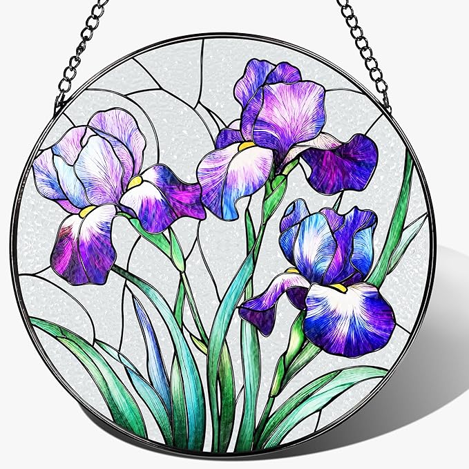 Stained Glass Window Hanging, 8 Inch Purple Irises Stained Glass Suncatcher, Flower Sun Catchers Indoor Window, Iris Flowers Gift, Flower Lovers Gifts, Housewarming Gift, Gifts for Her or Women