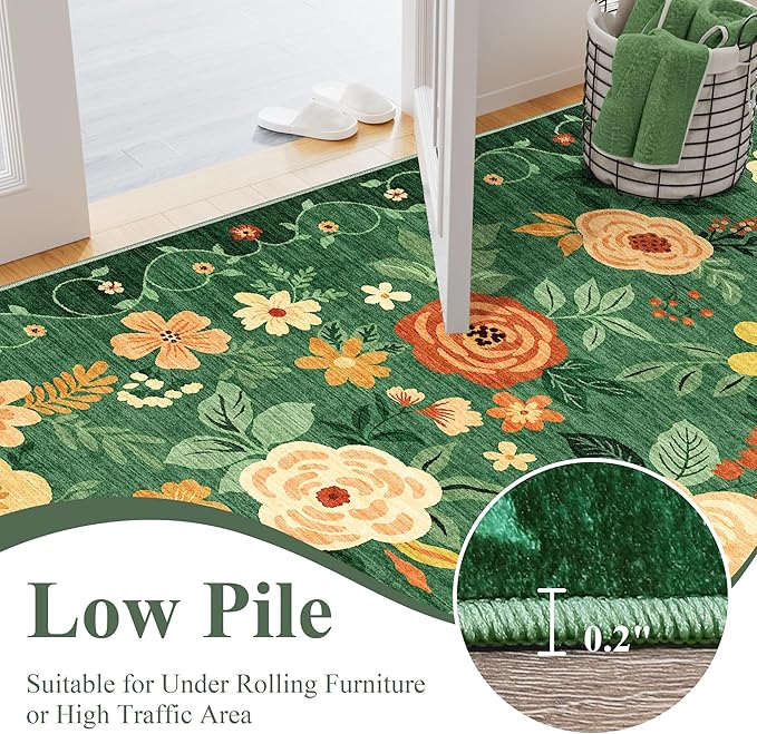 DUKINO 3x5 Area Rug, Floral Rugs for Living Room, Lightweight Non Slip Washable Rug, Indoor Low Pile & Non-Shedding Boho Design Rugs for Bedroom, Living Room, Dining Room, Dark Green