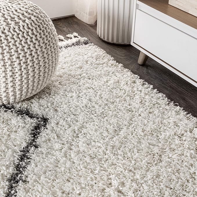 JONATHAN Y Mercer Shag Plush Tassel Cream/Gray Indoor Area Rug, 8x10, Moroccan Geometric Trellis, Bohemian, Easy-Cleaning for Living Room, Bedroom, Kitchen, Pet Friendly, Non-Shedding (MCR103B-8)