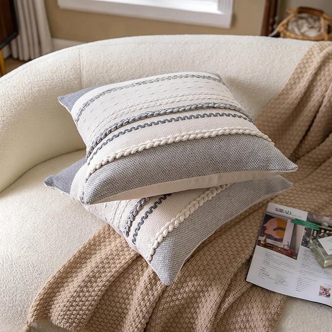 Boho Throw Pillow Covers 20x20 Inch Set of 2, Grey Textured Decorative Couch Pillow Cases for Farmhouse Home Decor, Accent Cushion Cover for Sofa, Bed, Living Room, Bedroom