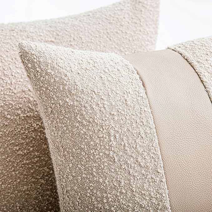 20"x20" Oatmeal Boucle Throw Pillow Covers with Faux Leather Accents Set of 2 Fluffy Textured Decorative Pillow Cases for Couch Bed Boho Farmhouse Square Cushion Covers for Nordic Home Décor