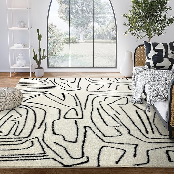 Abani Abstract Beige/Black Area Rug - 6'x9' - Modern Animal/Natural Lines Design - Deco Collection - Easy to Clean - Durable for High Traffic Areas - Bedroom, Office & Kitchen - Medium Pile