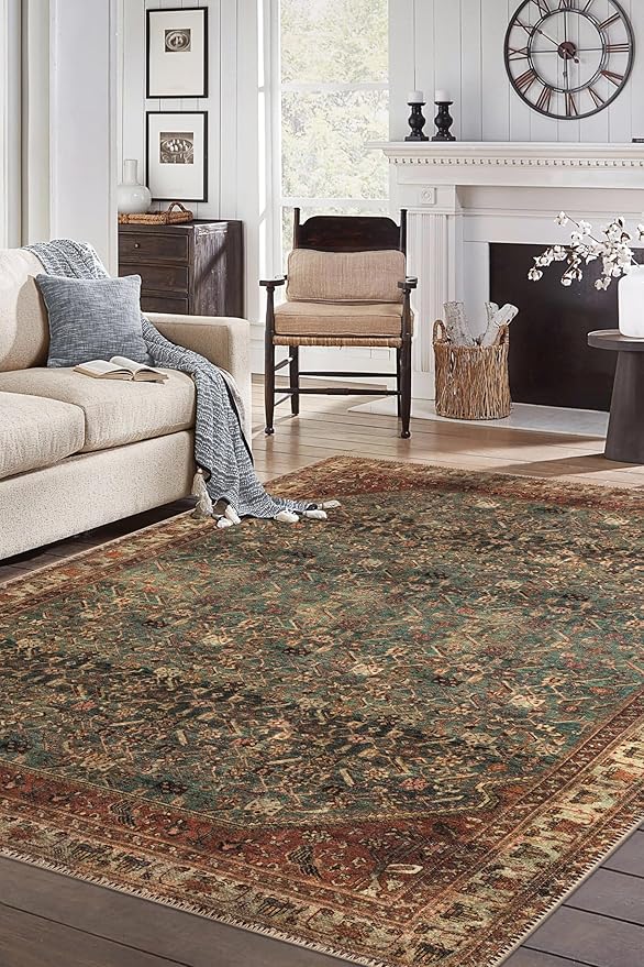 Keen Home Design 6x9 Rug - Machine Washable Area Rug with Non-Slip Backing, Ideal for Living Room, Dining Room, Bedroom - Vintage, Easy Clean, Durable, Low Pile Rug - (6' x 9')