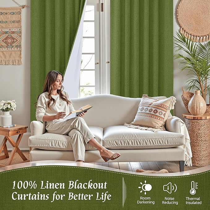 LAMIT Full Blackout Linen Curtains for Small Window, 54 Inches Thermal Bedroom Drapes Back Tab and Rod Pocket Privacy Protected Panels with White Liner, 2 Panels, 52 x 54 Inch, Olive Green