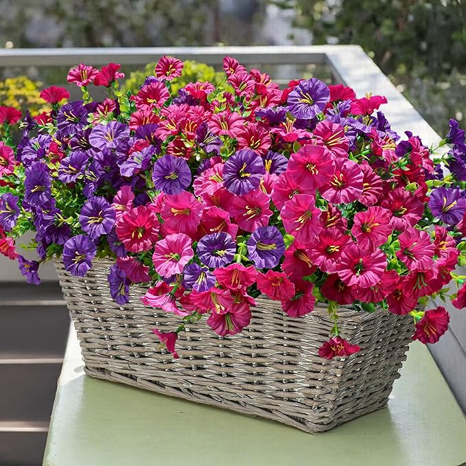 Artificial Flowers Fake Plants for Outdoors Decoration, 12 Bundles Silk Morning Glory with Eucalyptus Realistic UV Resistant Faux Flowers for Outside Planter Porch Yard Patio Garden Home Indoor, Mix