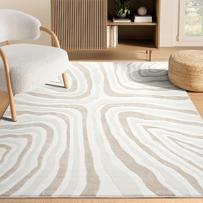 Abani Beige Area Rug - 8' x 10' - Living Room & Bedroom - Abstract Wave Design - Indoor Use - Easy to Clean, Stain Resistant, Non-Shedding - Neutral Collection