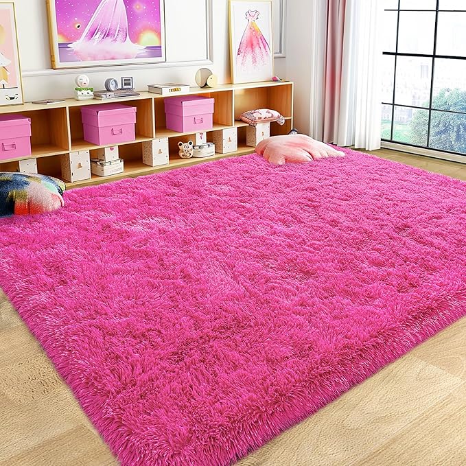 Ultra Fluffy Area Rugs for Living Room Bedroom, 6x9 Fuzzy Large Living Room Rugs, Thick Shag Rug for Dorm, Soft Non Slip Kids Girls Boys Rug for Home Decor Aesthetic, Hot Pink