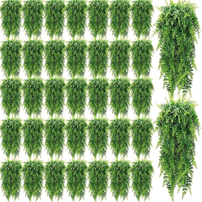 Geosar 36 Pcs Artificial Hanging Plants 32 Inch Hanging Boston Ferns Plastic Fake Plants for Wall Room Garden Wedding Garland Indoor Outdoor Decoration, No Basket