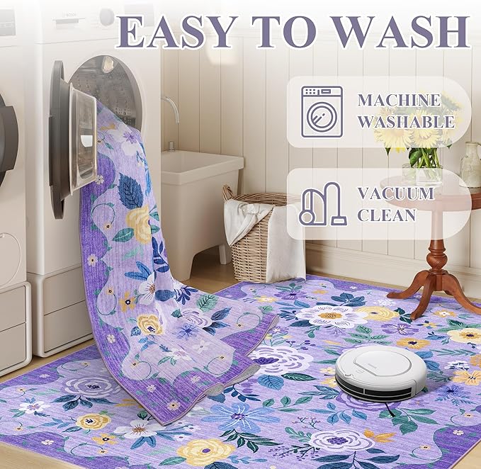 DUKINO Runner Rug, 2x10 Kitchen Hallway Carpet, Washable with Non-Slip Backing, Low Pile Soft Boho Floral for Entryway, Laundry, Bedroom, Purple