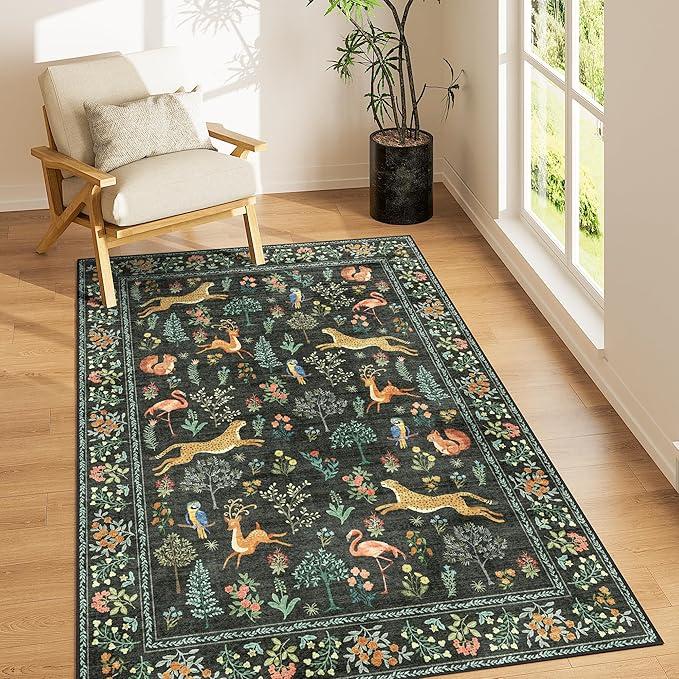 DUKINO 3x5 Rug, Washable Animal Area Rug with Non Slip Vintage Design, Indoor Soft Low Pile Carpet for Bedroom, Nursery, Dining Room, Farmhouse, Playroom, Black