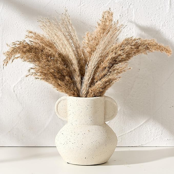 Antique Ceramic Vase with 2 Handles, 6.1 Inch Farmhouse Rustic Vase, Small Decorative Pottery Flower Vases for Home Decor, Wedding, Living Room, Table, Shelf Decor, Speckled White