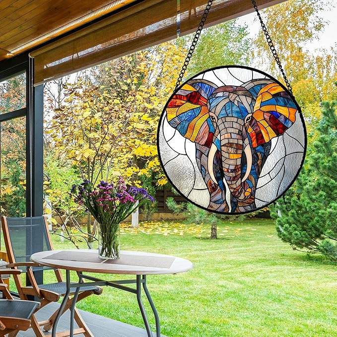 Stained Glass Window Hanging, Colorful Elephant Sun Catcher for Door Home Decor Animal Suncatcher Christmas Mother's Day Birthday Gifts for Women Men Mom and Nana 6.3 in