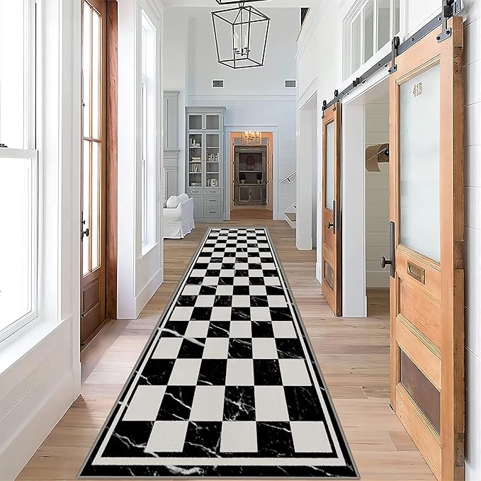Grey Black Checkered Kitchen Hallway Carpet, 4x10ft, Abstract Black Marble Indoor Decor Washable Rugs, Durable Soft Cozy Non Slip Rug, Breathable Non Shedding Mats for Front Porch