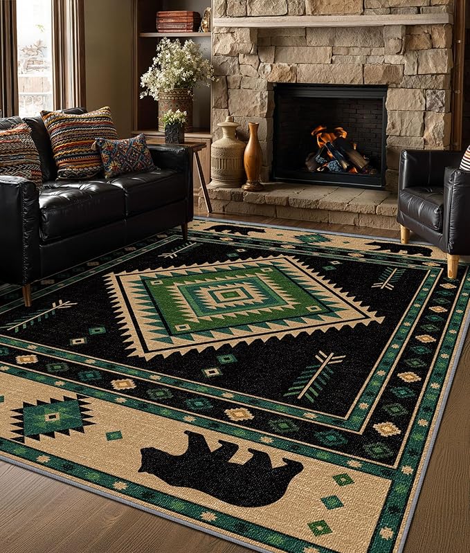 Southwestern Rug 6x8 - Native American Bear Cabin Area Rugs for Living Room Bedroom, Rustic Farmhouse Machine Washable | Non-Slip | Soft Large Carpets, Aztec Home Decor (Green Tan Black)