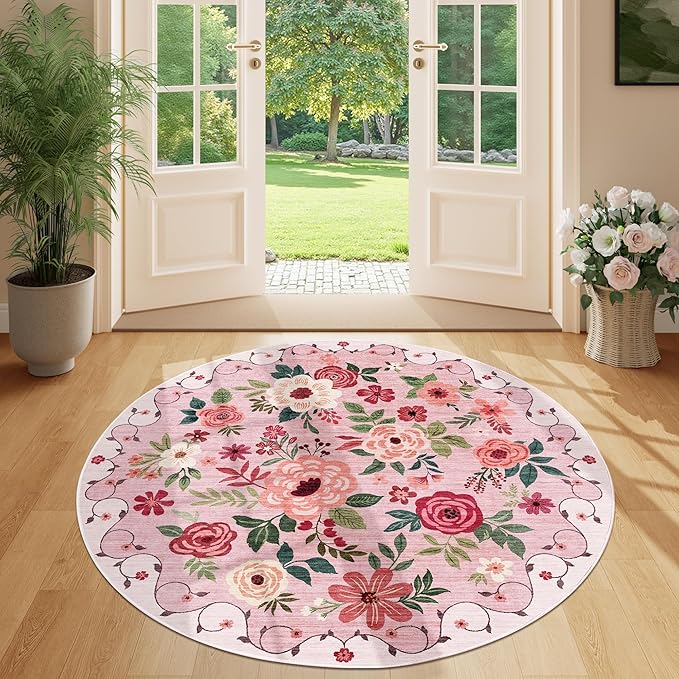 DUKINO Floral Round Rug, 4ft Washable Round Area Rug, Non Slip Indoor Low Pile Circle Rug, Soft Small Boho Design Circle Rug for Bedroom, Entryway, Living Room, Dining Room, Pink