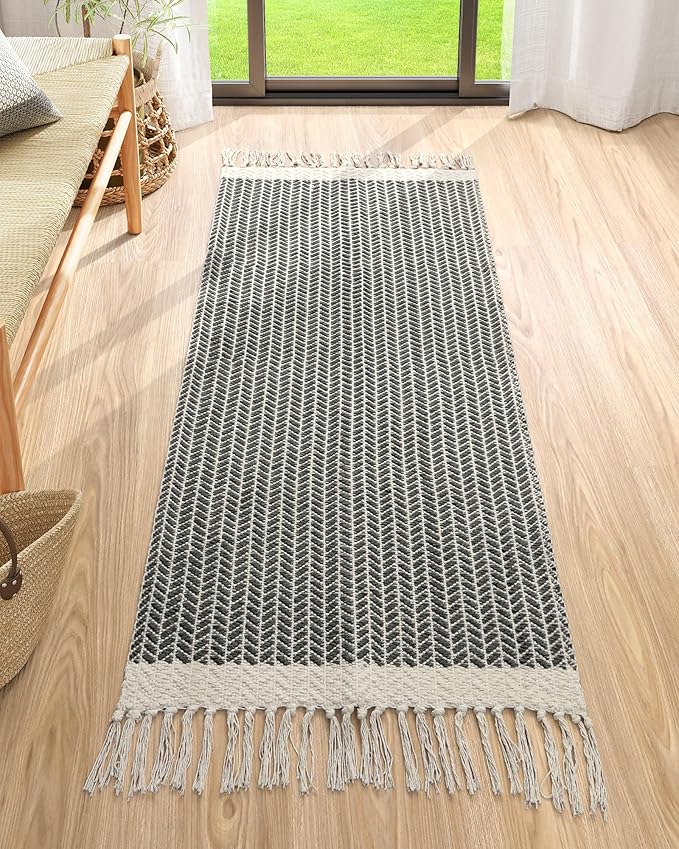 Lahome Boho Bathroom Runner Rug, 2x5 Laundry Room Washable Rugs for Entryway Cotton Grey Area Mat with Tassels, Farmhouse Throw Mats Non Shedding Carpet Runner for Hallway Door