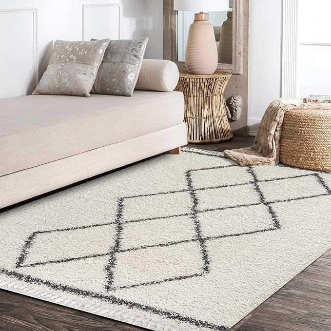 JONATHAN Y Mercer Shag Plush Tassel Cream/Gray Indoor Area Rug, 5x8, Moroccan Geometric Trellis, Bohemian, Easy-Cleaning for Living Room, Bedroom, Kitchen, Pet Friendly, Non-Shedding (MCR103B-5)