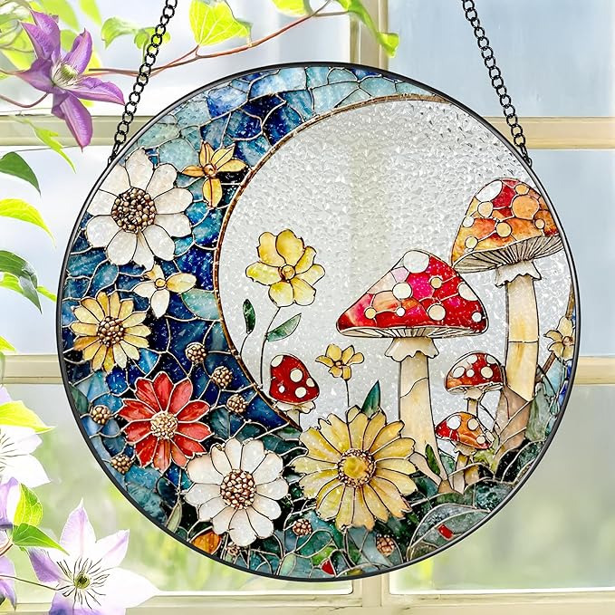 8 Inch Mushroom Suncatcher, Stained Glass Mushrooms Home Decor, Stained Glass Window Hanging, Plant Lover Gifts for Women, Birthday Gifts for Her Mom Grandma, Idea Gift, Gift Exchange