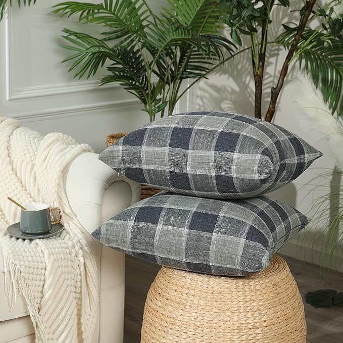 Stellhome Pack of 2 Linen Buffalo Check Decorative Throw Pillow Covers, Farmhouse Plaid Cushion Covers Rustic Retro Decor for Couch Sofa Living Room, 20x20 Inch, Dark Grey