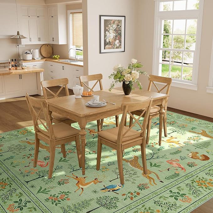 DUKINO 8x10 Rug, Washable Animal Living Room Rug with Non Slip Vintage Design, Soft Low Pile Large Carpet for Bedroom, Nursery, Dining Room, Farmhouse, Playroom, Light Green