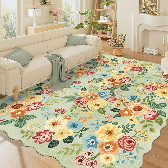 DUKINO 8x10 Area Rug, Floral Washable Rugs for Living Room with Non Slip Backing & Non-Shedding, Lightwight Low Pile Boho Design Large Carpets for Bedroom, Living Room, Dining Room, Green