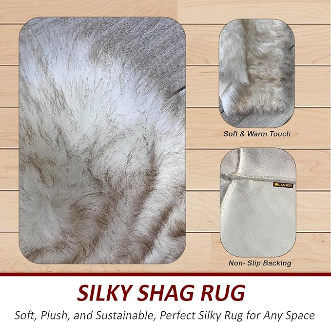 LAMBZY Faux Sheepskin Super Soft Hypoallergenic Silky Shag Rug for Living Room, Kids Room, Sofa (Quarto 4 Pelts Side by Side 3'x8', White/Brown Tips)