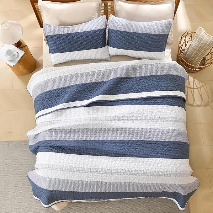 Litanika Oversized Queen Quilt Set Mineral Blue, 98x98 Stripe Bedspread Coverlet 3 Pieces, Mineral Blue Lightweight Quilted Bedding Set for All Season(Oversized Queen-1 Quilt, 2 Pillowcases)