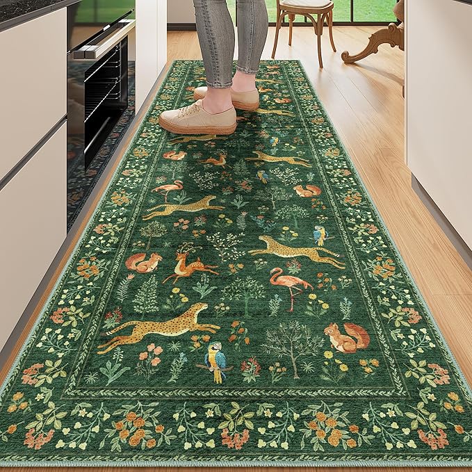 DUKINO 2x10 Rug for Hallway, Washable Kitchen Runner Rug with Non Slip Backing, Soft Low Pile Vintage Animal Runner for Bedroom, Kitchen, Hallway, Entryway, Laundry, Green