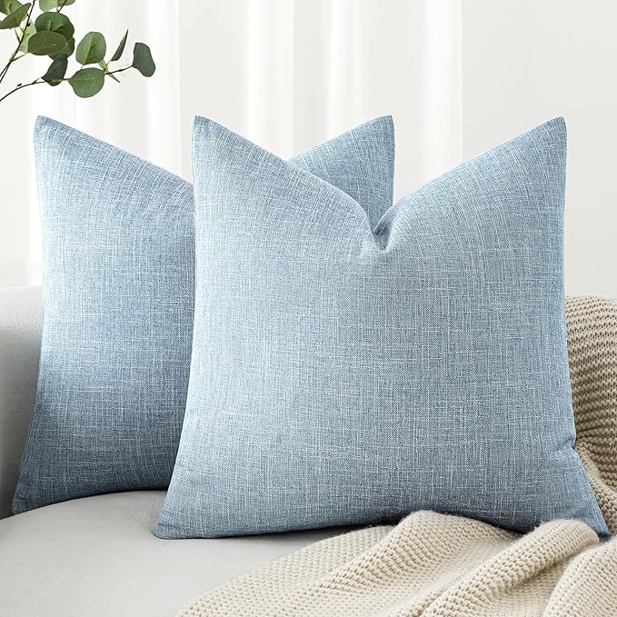 MIULEE Pack of 2 Decorative Linen Burlap Textured Pillow Covers Farmhouse Boho Accent Pillowcases Spring Coastal Home Decor for Couch Sofa Bedroom Living Room 20x20 Inch Light Blue