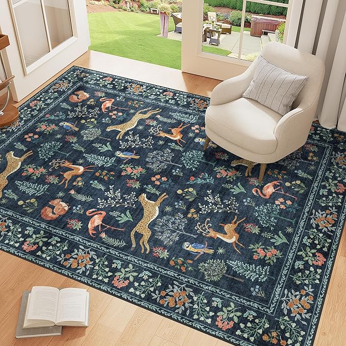 DUKINO 4x6 Rug, Washable Animal Area Rug with Non Slip Vintage Design, Indoor Soft Low Pile Carpet for Bedroom, Nursery, Dining Room, Farmhouse, Playroom, Navy Blue