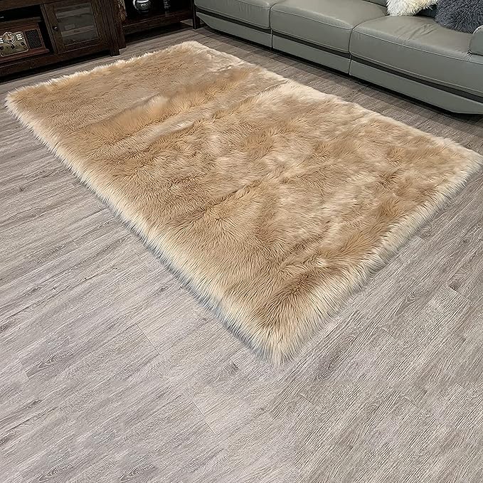LAMBZY High Pile Super Fluffy Soft Faux Sheepskin Rug | Faux Sheepskin Rugs for Living Room Playroom Bedroom | Classic Super Soft to Touch Rug (10'x13', Beige)