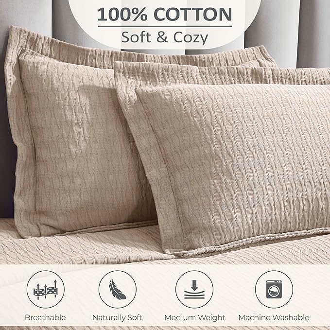 Superior 3 Piece Cotton Bedspread Set, Home Bed Decor, Decorative Bed Spread, 2 Pillow Shams, Medium Weight Blanket, Matelasse Coverlet, Bedding Essentials, Calvert Collection, Full, Beige