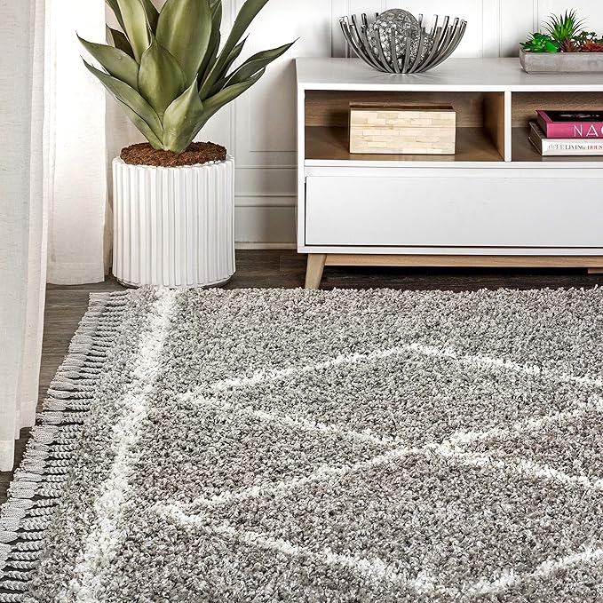 JONATHAN Y Mercer Shag Plush Tassel Gray/Cream Indoor Area Rug, 4x6, Moroccan Geometric Trellis, Bohemian, Easy-Cleaning for Living Room, Bedroom, Kitchen, Pet Friendly, Non-Shedding (MCR103C-4)