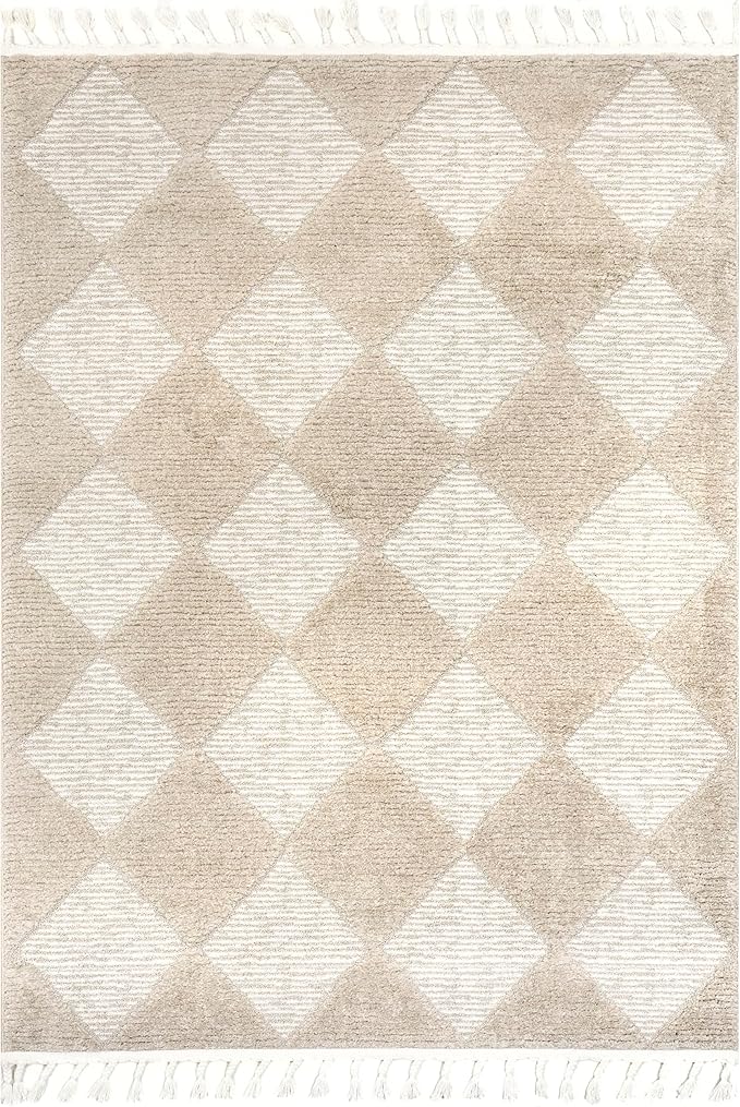 Nuloom Marissa Beige/Ivory, 2'6" x 14', Diamond, Tassel, Soft and Cozy, High Traffic, Stain Resistant, Easy Clean, Durable Runner for Bedroom, Living Room, Dining Space, Den, Foyer, Entryway