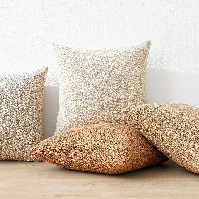 Mixhug Decorative Boucle Throw Pillow Covers, Beige, 20 x 20 Inches, Pack of 2 - Neutral Textured Boho Pillow Covers for Couch and Bed