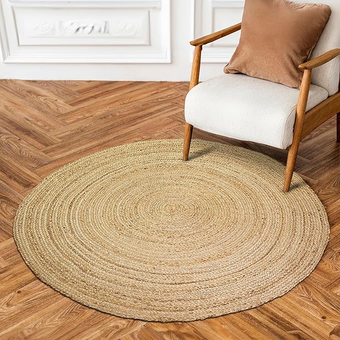 Hausattire Hand Woven Jute Braided Rug, 3’ Round – Natural, Reversible Boho Entry Area Rugs for Kitchen, Living Room I Farmhouse Decorative Floor Rug, 3 Feet Round
