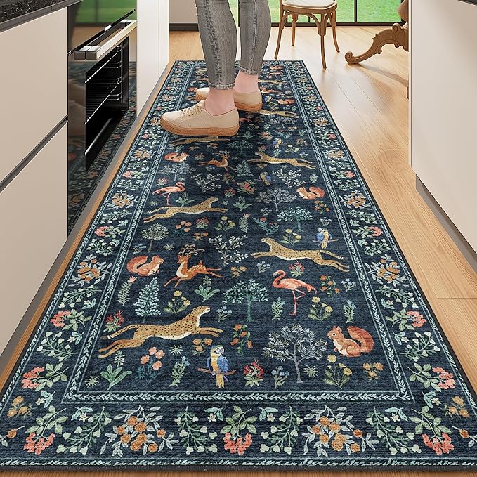DUKINO 2x10 Rug for Hallway, Washable Kitchen Runner Rug with Non Slip Backing, Soft Low Pile Vintage Animal Runner for Bedroom, Kitchen, Hallway, Entryway, Laundry, Navy Blue