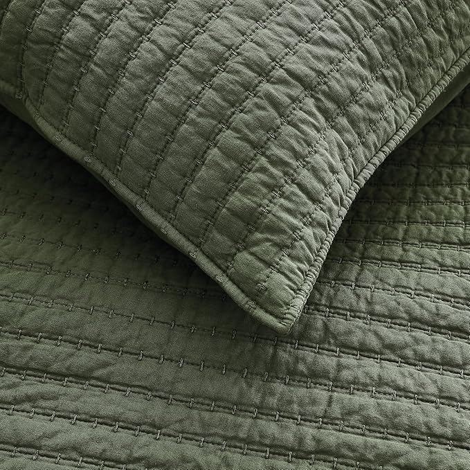 WDCOZY 100% Cotton King Size Quilt Set - Olive Green Striped Pick Stitch Soft Lightweight Bedspread, Textured Like Linen, Farmhouse Country Rustic Coverlet, Shabby Chic Gauze Bedding, 3 Pieces