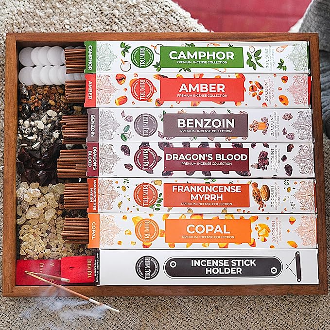 Trumiri Incense Sticks - 120 Insence-Sticks (20 Insense x 6 Incents) - Incienso Inscents-Sticks with Dragon Blood Frankincense Myrrh Benzoin Amber Copal Resin and Camphor Alcanfor + Incense Holder