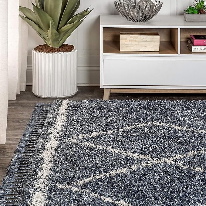 JONATHAN Y Mercer Shag Plush Tassel Denim Blue/Cream Indoor Area Rug, 5x8, Moroccan Geometric Trellis, Bohemian, Easy-Cleaning for Living Room, Bedroom, Kitchen, Non-Shedding (MCR103A-5)