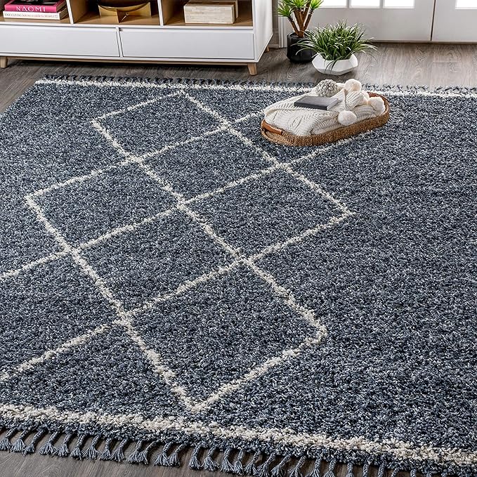 JONATHAN Y Mercer Shag Plush Tassel Denim Blue/Cream Indoor Area Rug, 3x5, Moroccan Geometric Trellis, Bohemian, Easy-Cleaning for Living Room, Bedroom, Kitchen, Non-Shedding (MCR103A-3)