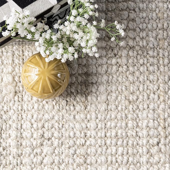 Nuloom Daniela Off-White, 8' Square, Handmade, Jute, Tassel, Soft and Textured, High Traffic, Stain Resistant, Easy Clean, Durable Area Rug for Bedroom, Living Room, Dining Space, Foyer, Entryway