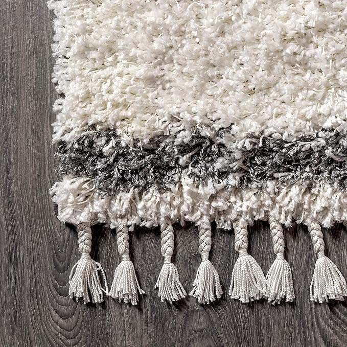 JONATHAN Y Mercer Shag Plush Tassel Cream/Gray Indoor Area Rug, 5x8, Moroccan Geometric Trellis, Bohemian, Easy-Cleaning for Living Room, Bedroom, Kitchen, Pet Friendly, Non-Shedding (MCR103B-5)