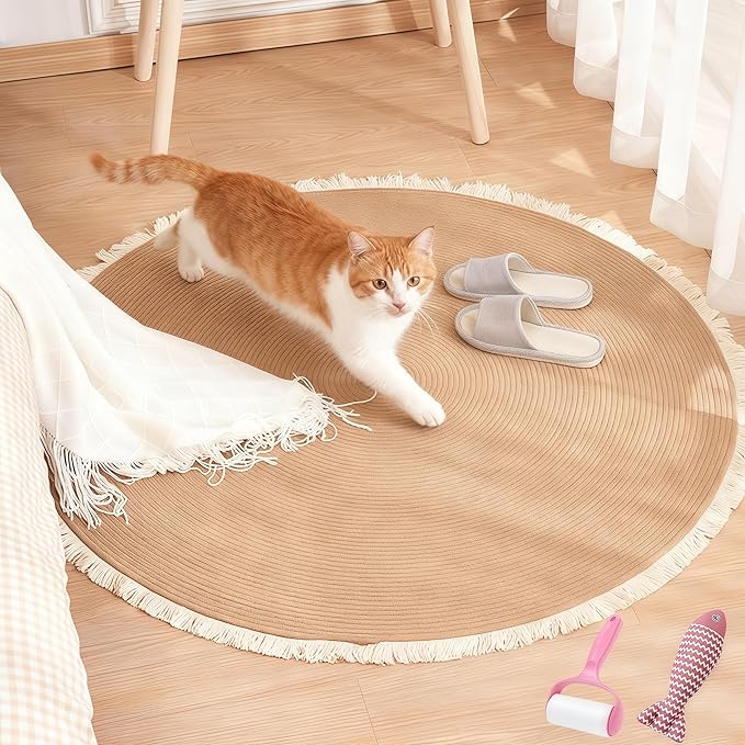 Cotton Rope Area Rug for Cats, Cat Scratching Rug, Washable Round Vintage Reversible Woven Tassel Rug, Soft and Stylish Home Accent, Easy Clean, Multiple Sizes (Coffee, 47" (120cm))