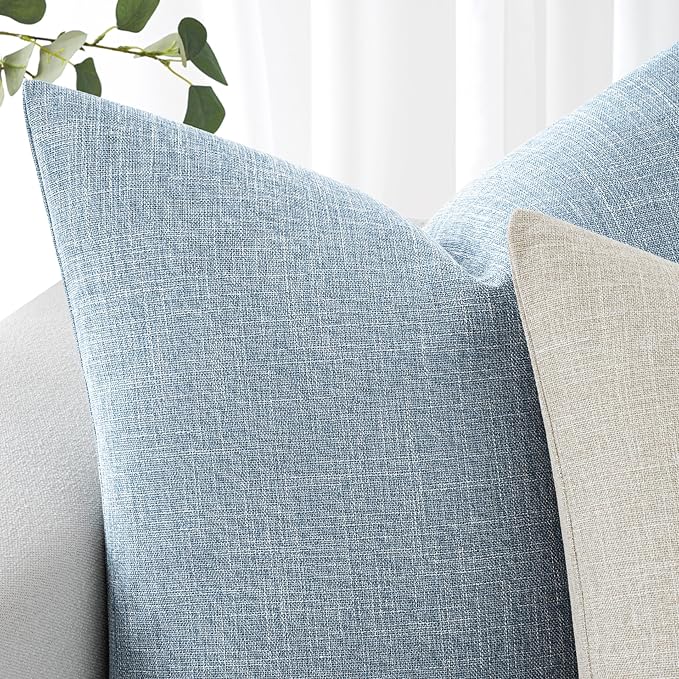 MIULEE Pack of 2 Decorative Linen Burlap Textured Pillow Covers Farmhouse Boho Accent Pillowcases Spring Coastal Home Decor for Couch Sofa Bedroom Living Room 20x20 Inch Light Blue