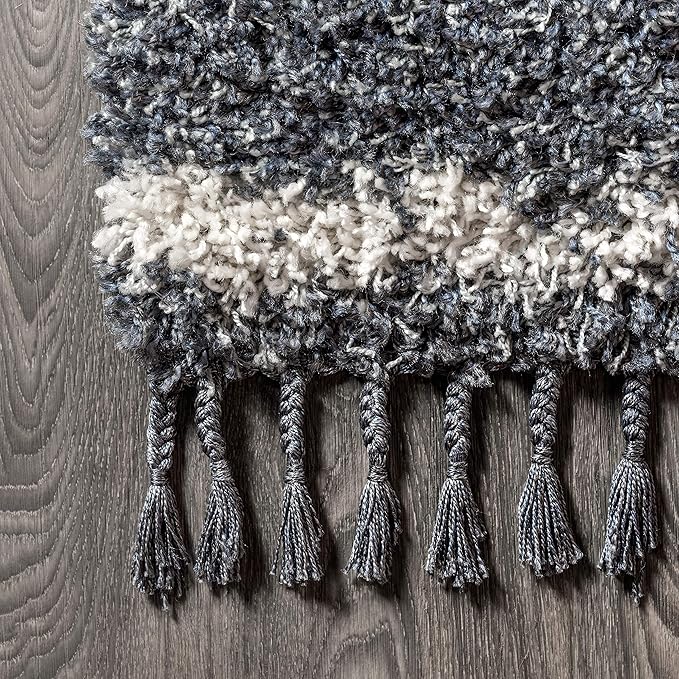 JONATHAN Y Mercer Shag Plush Tassel Denim Blue/Cream Indoor Area Rug, 3x5, Moroccan Geometric Trellis, Bohemian, Easy-Cleaning for Living Room, Bedroom, Kitchen, Non-Shedding (MCR103A-3)