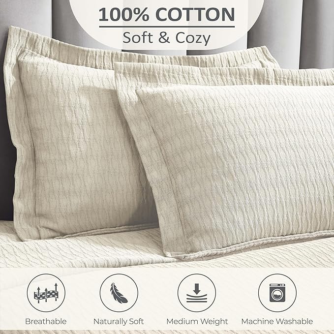Superior 3 Piece Cotton Bedspread Set, Home Bed Decor, Decorative Bed Spread, 2 Pillow Shams, Medium Weight Blanket, Matelasse Coverlet, Bedding Essentials, Calvert Collection, Queen, Ivory