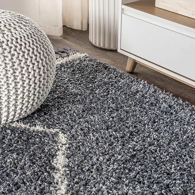 JONATHAN Y Mercer Shag Plush Tassel Denim Blue/Cream Indoor Area Rug, 5x8, Moroccan Geometric Trellis, Bohemian, Easy-Cleaning for Living Room, Bedroom, Kitchen, Non-Shedding (MCR103A-5)